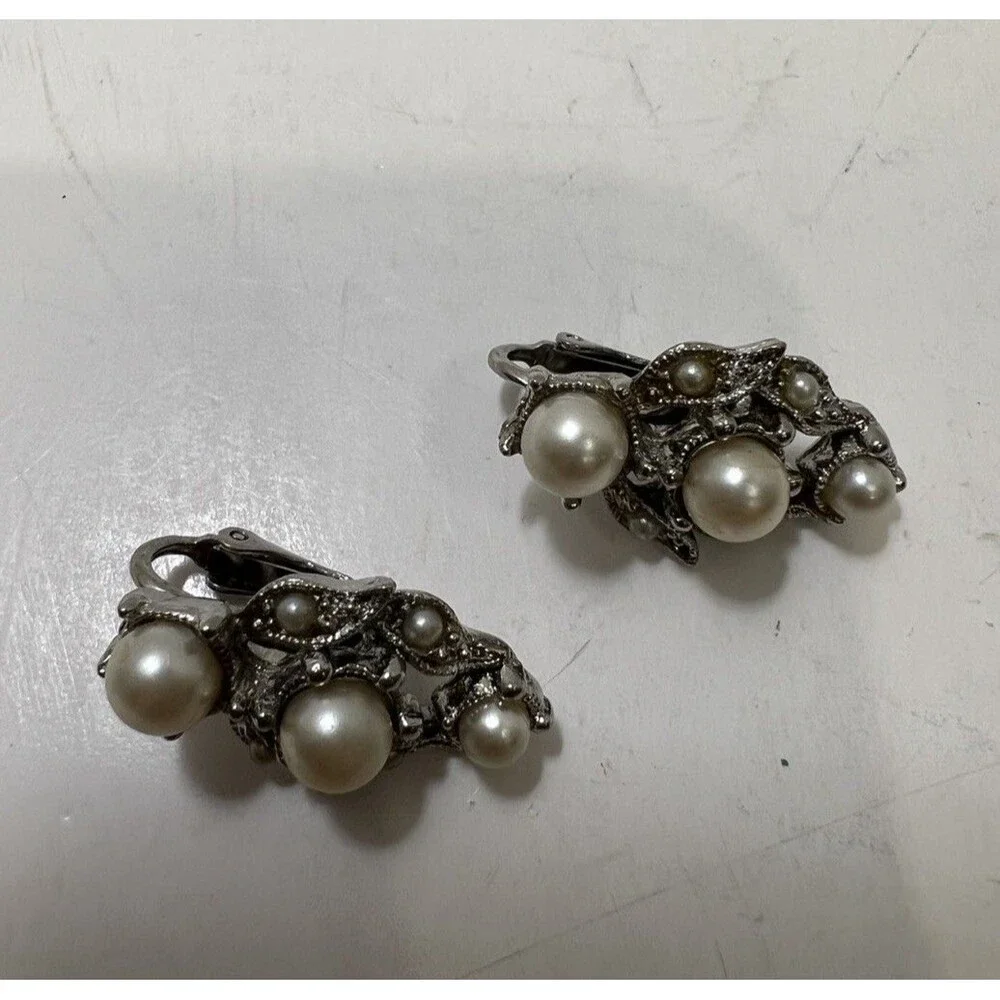 Vintage Faux Pearl Elegant Clip On Earrings Silver MCM Detailed Metalwork 1960s